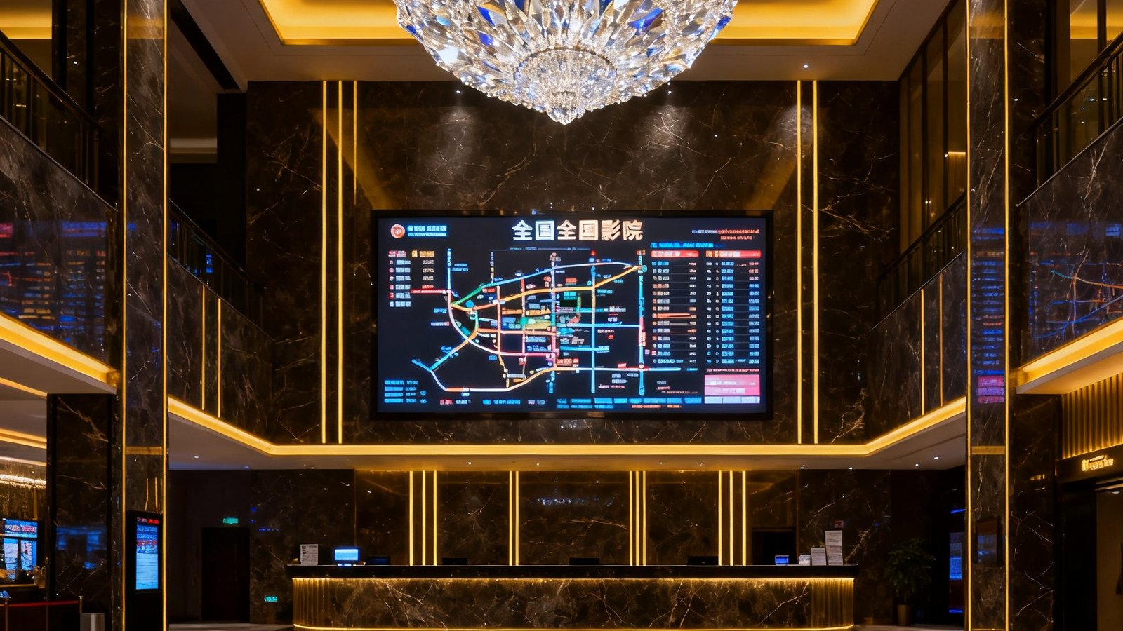 玖鼎贵宾厅集团总部大厅实景拍摄，挑高八米的接待空间以深色大理石与金色线条装饰，中央悬挂巨型水晶吊灯，墙面展示覆盖全国影院的电子地图屏