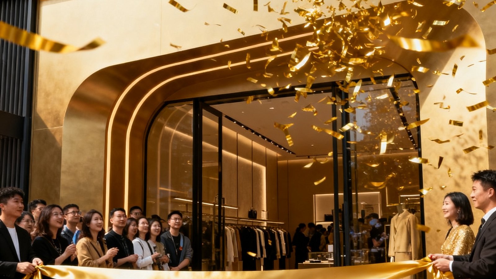 玖鼎贵宾厅成都太古里旗舰店开业仪式现场拍摄，金色剪彩带飘落瞬间，背景可见新店极具设计感的门头与排队等候体验的顾客人群