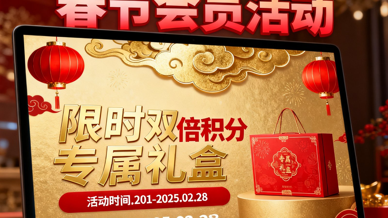 玖鼎贵宾会2025春节会员活动宣传海报在电子屏幕上的展示效果，金色与红色搭配的节日视觉设计，突出限时双倍积分和专属礼盒信息