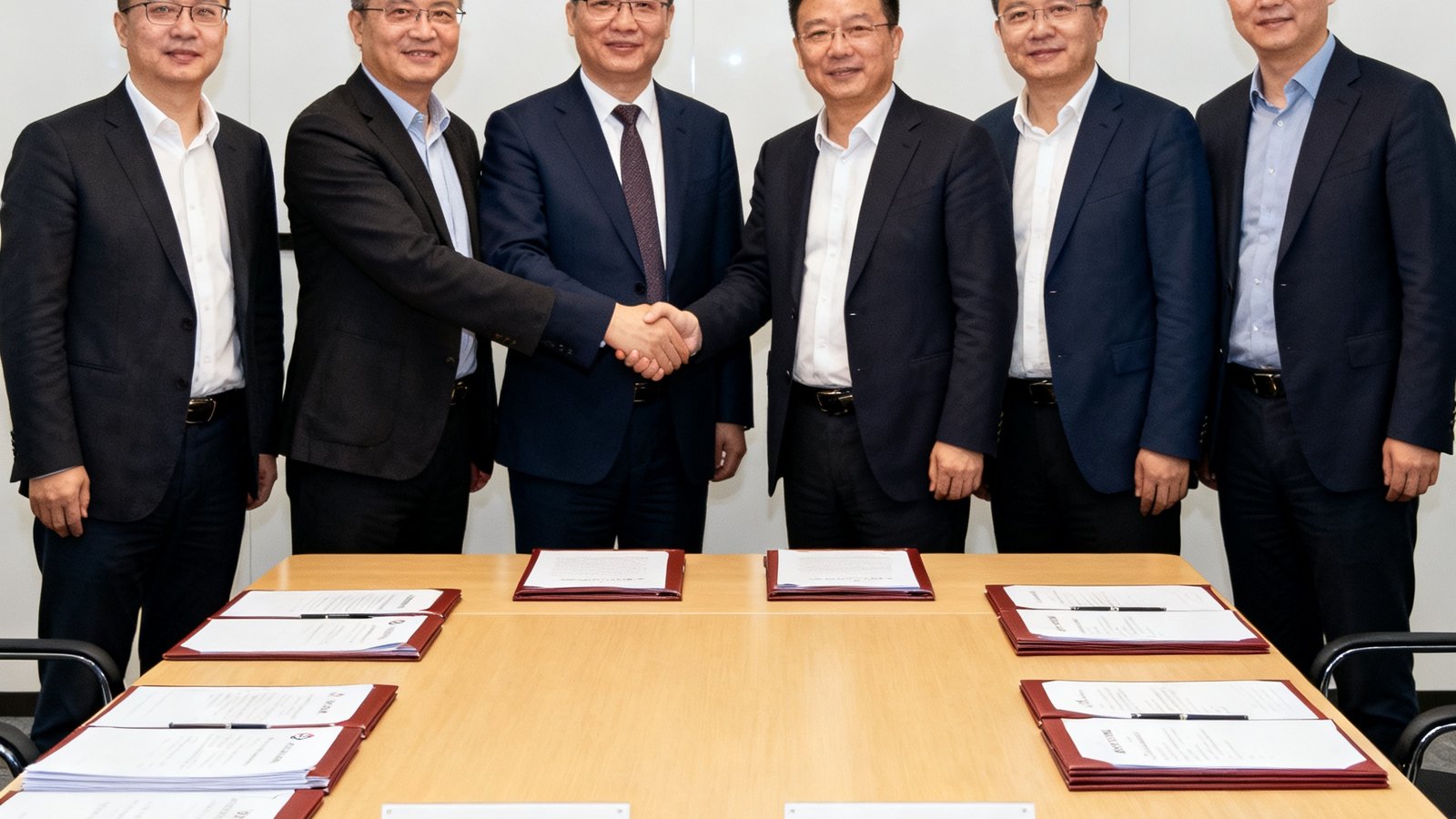 玖鼎集团与中影国际战略合作签约仪式现场，双方代表握手合影，长桌上摆放着正式的合作协议文件和两家公司的标识牌