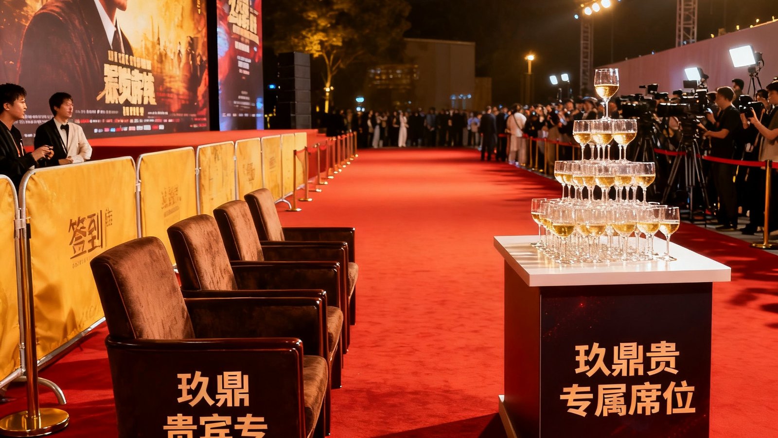 电影首映礼红毯现场拍摄，玖鼎贵宾专属席位位于红毯两侧最佳视角区域，席位旁设有独立的签到台和香槟塔，背景可见巨大的电影海报展架和媒体采访区