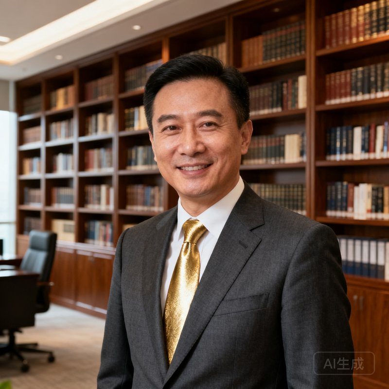 玖鼎集团创始人兼CEO陈启铭先生商务肖像照，身穿深灰色西装搭配金色领带，背景为集团总部办公室的整面落地书柜墙
