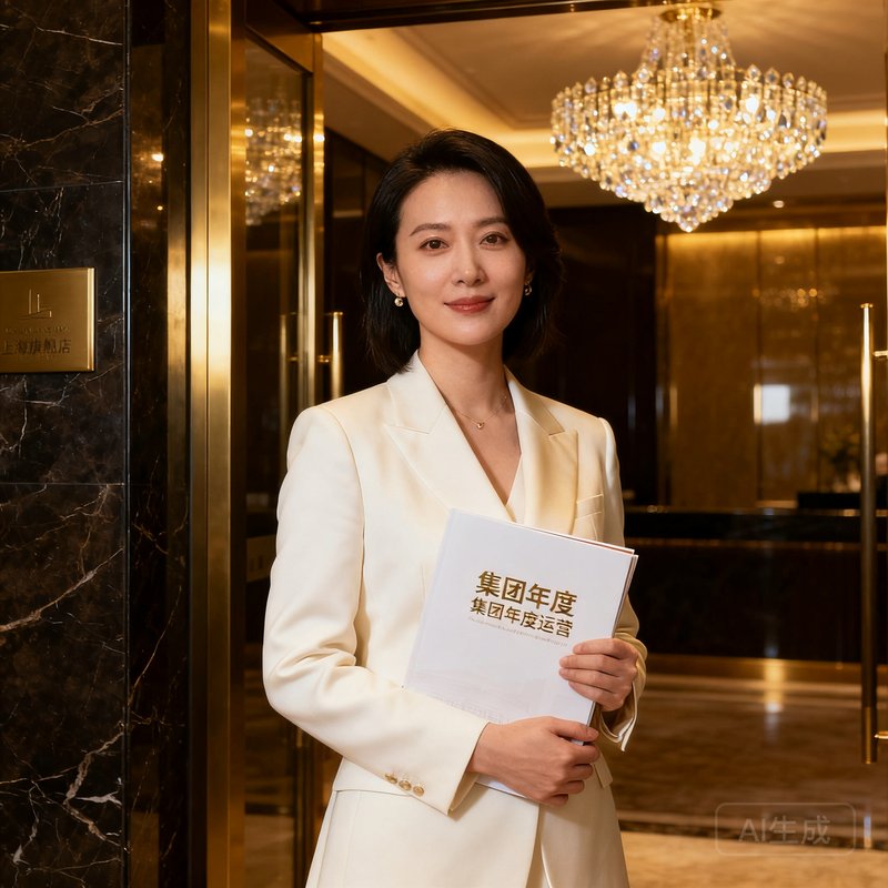 玖鼎集团联合创始人兼COO林若溪女士职业形象照，身着米白色西装外套，手持集团年度运营报告，站在上海旗舰店贵宾厅入口处