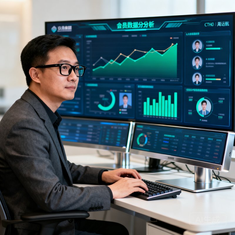 玖鼎集团联合创始人兼CTO周远航先生技术形象照，戴着眼镜坐在多屏工作站前，背后大屏展示会员数据分析仪表盘，体现技术驱动服务的理念
